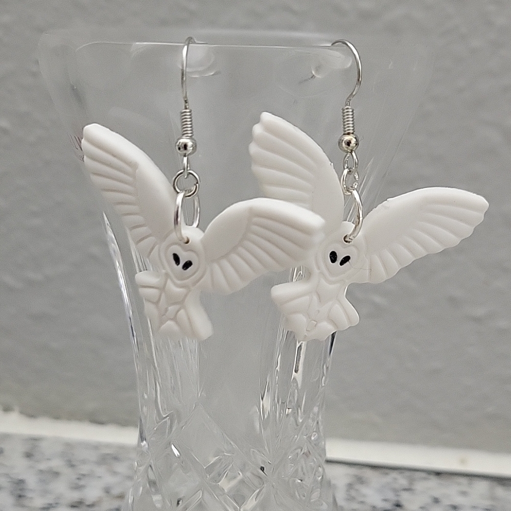 4/$10 White Owl Earrings, clay, handmade, lightweight